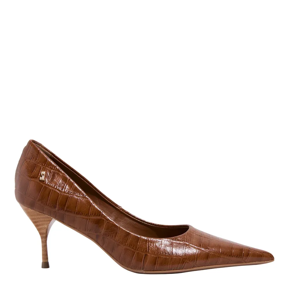 Scarpin Couro Croco Italiano Salto Agulha Marrom