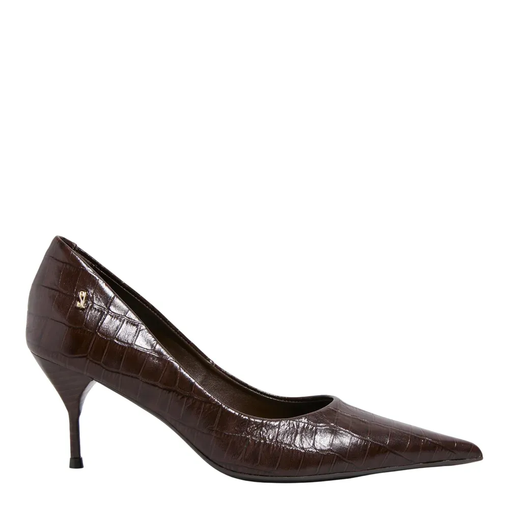 Scarpin Couro Croco Italiano Salto Agulha Marrom Dark Cocoa