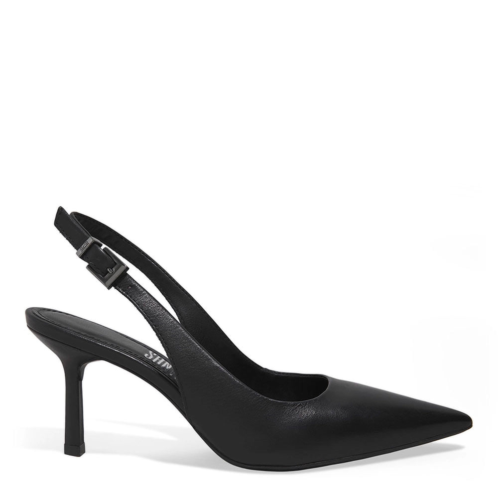 Scarpin Slingback Preto Couro Pelica Soft Salto Fino