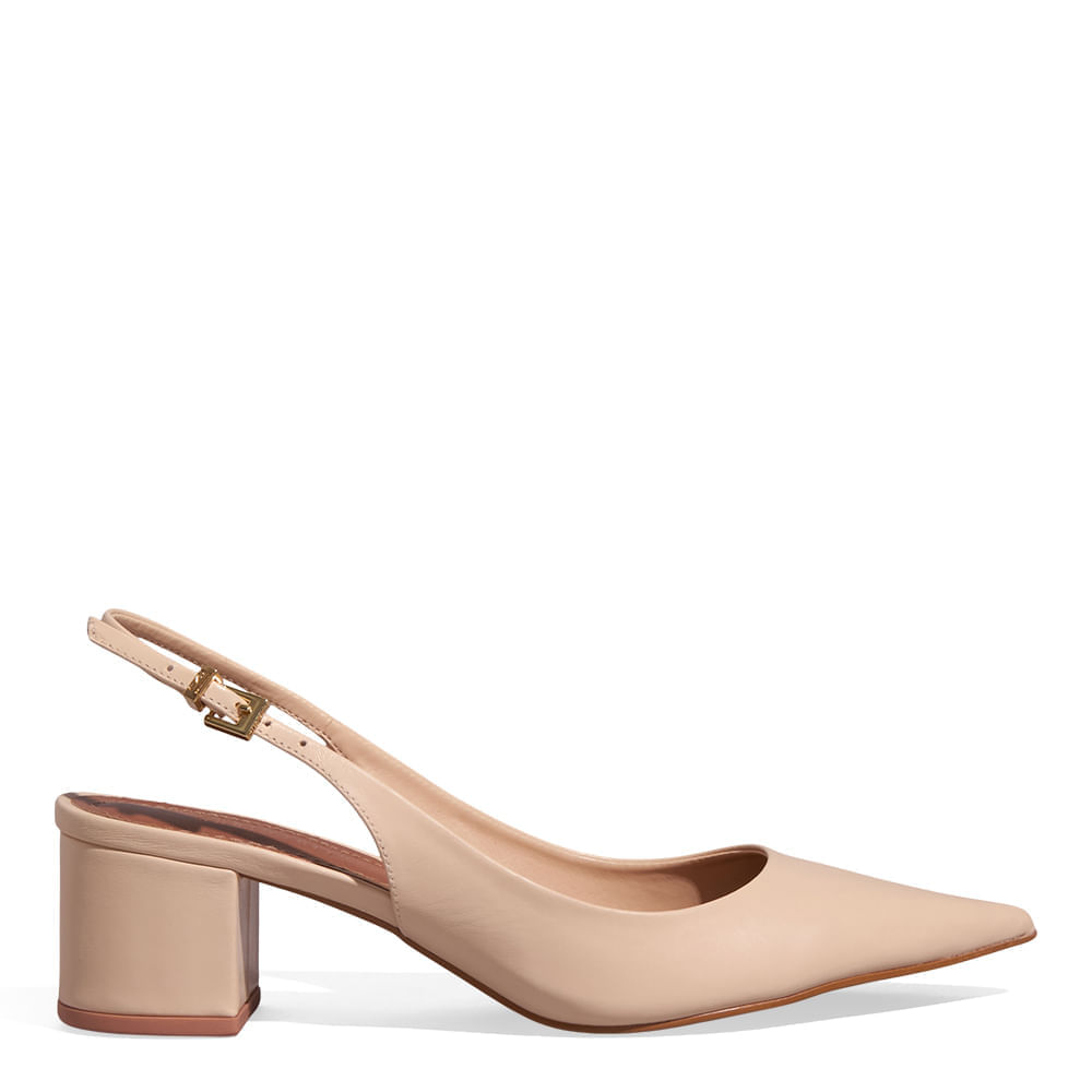 Scarpin Couro Confort Bege Bico Fino Salto Bloco Baixo