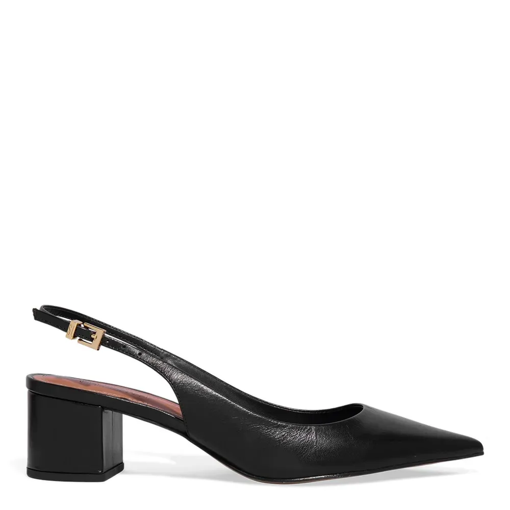 Scarpin Couro Confort Preto Bico Fino Salto Bloco Baixo