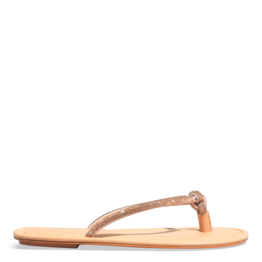 Rasteira Napa Soft Bico Redondo Brilho Strass Bege
