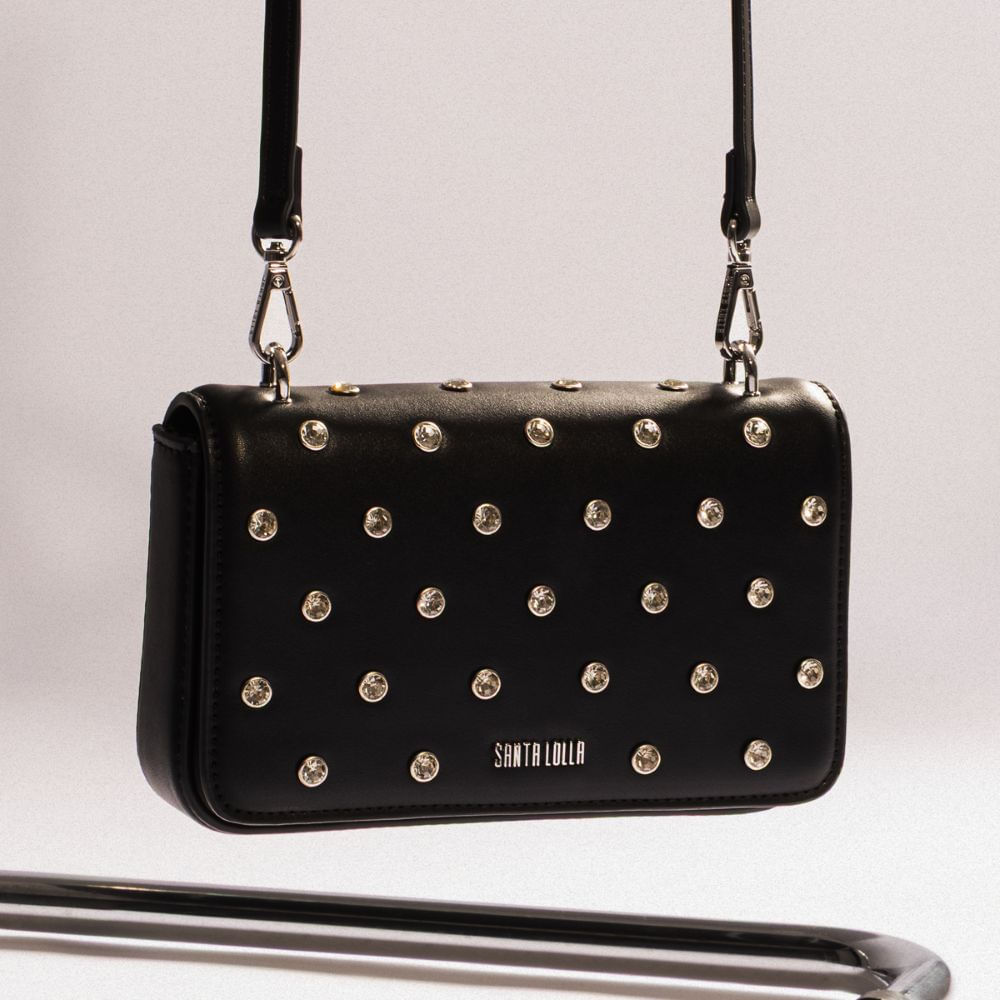 Bolsa Pequena Soft Preta Strass Alça Transversal