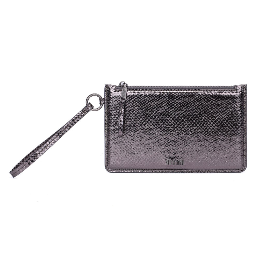 Clutch Cinza Grafite Metalizada Alça De Mão