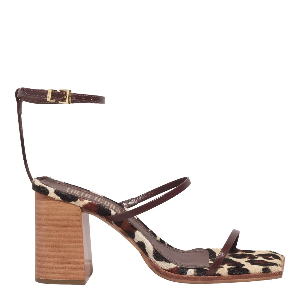 Sandália Lolla Couro Salto Bloco Animal Print Onça