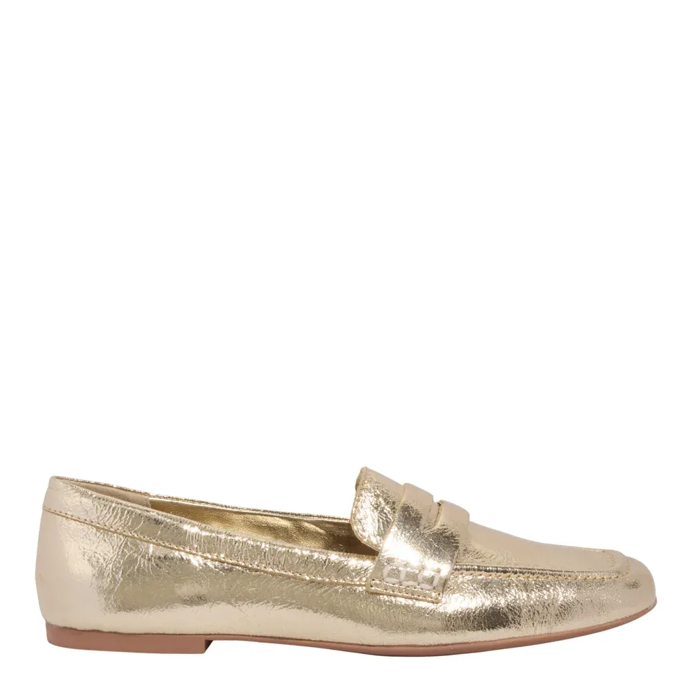 Mocassim Couro Metalizado Bico Quadrado Dourado