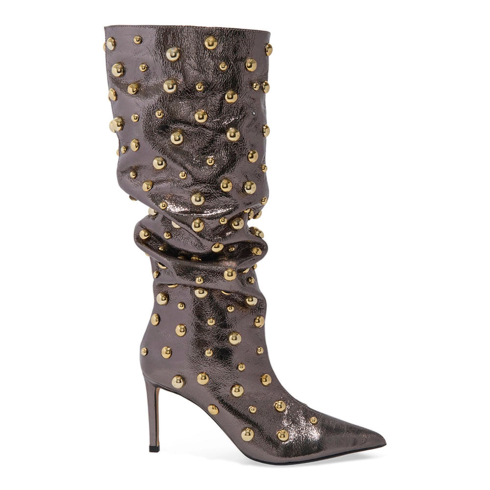 Bota Cano Longo Tachas Couro Metalizado Bico Fino Prata