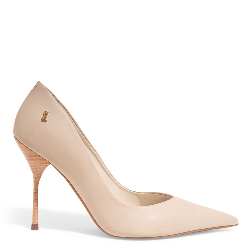 Scarpin One Couro Confort Bico Fino Salto Agulha Bege Vanilla