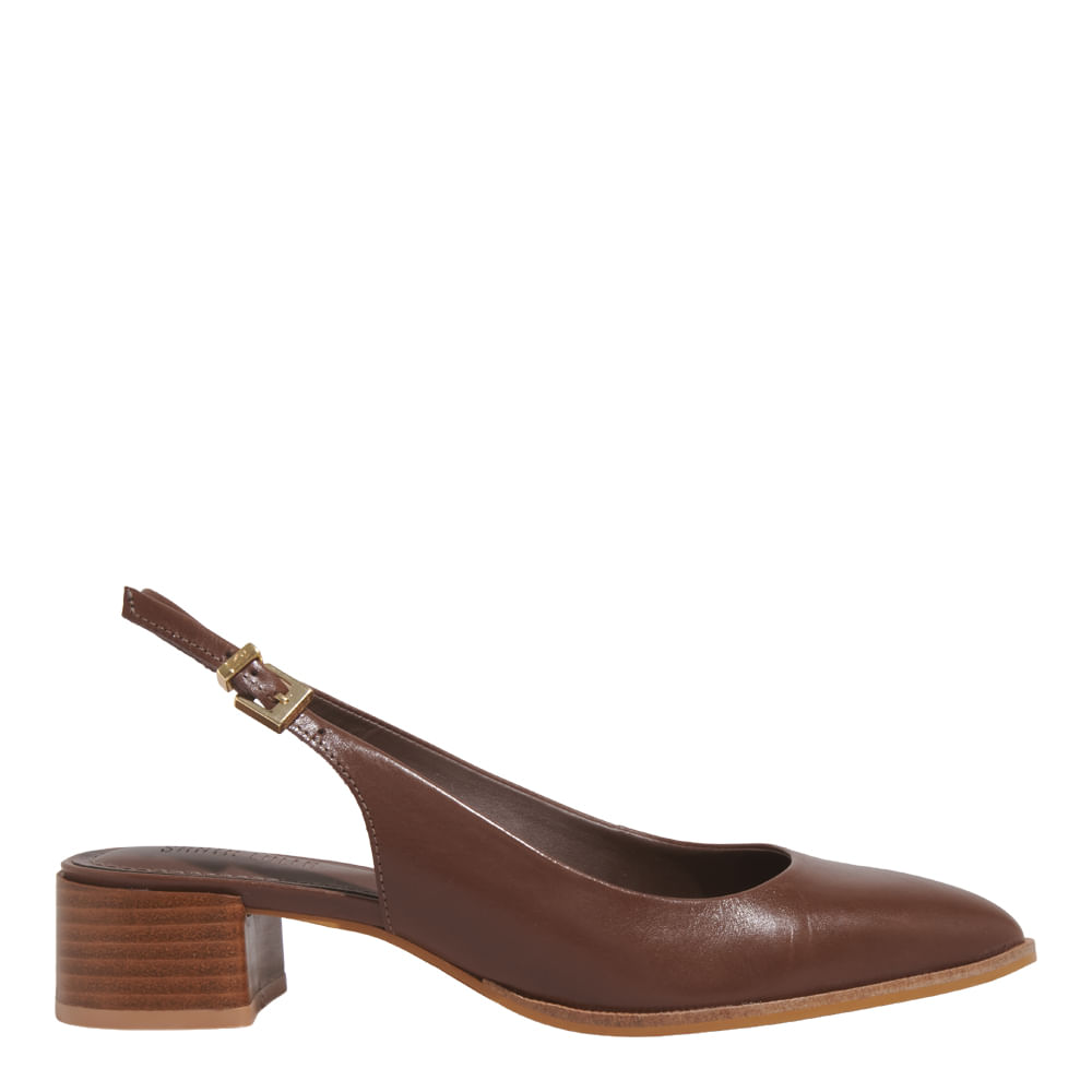 Scarpin Boneca Slingback Couro Nobre Soft Marrom Dark Salto Bloco