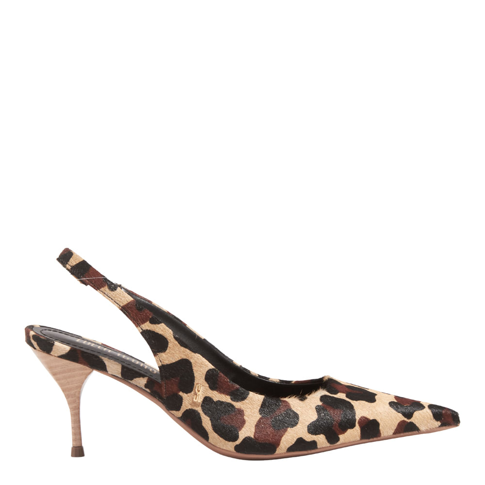 Scarpin Slingback Couro Pelo Salto Agulha Animal Print Onça