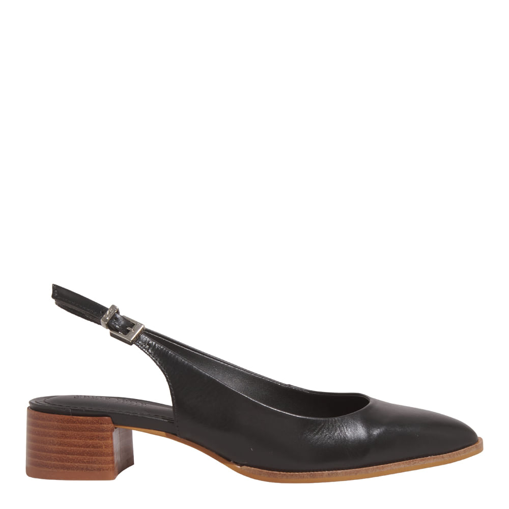 Scarpin Boneca Slingback Couro Nobre Soft Preto Salto Bloco