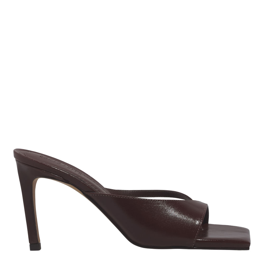 Mule Couro Confort Marrom Dark Salto Alto Fino Bico Quadrado