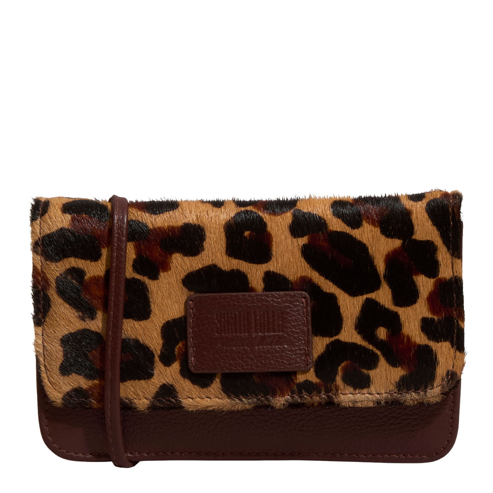 Bolsa Pequena Couro Pelo Estampa Animal Print Onça Alça Transversal
