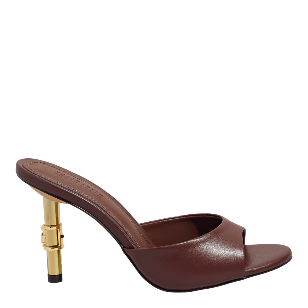 Mule Couro Confort Marrom Dark Salto Fino Metal