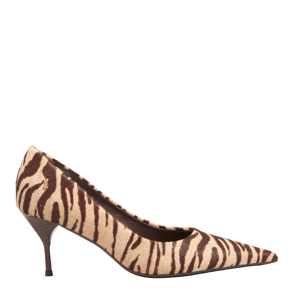 Scarpin Couro Pelo Estampa Zebra Marrom Bico Fino