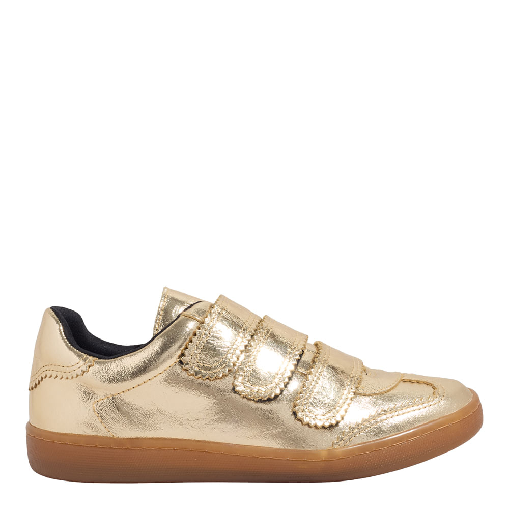 Tênis Velcro Couro Craquele Metalizado Dourado