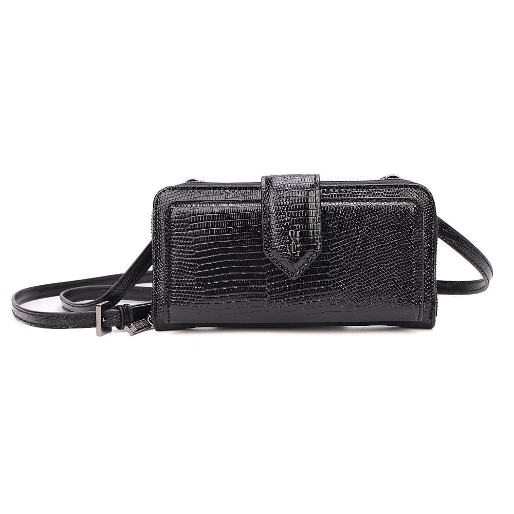 Bolsa Carteira Material Lizard Preta Alça Transversal