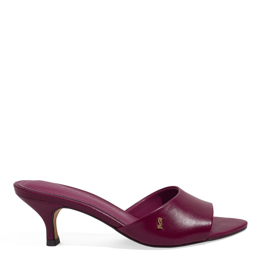 Mule Couro Nobre Soft Roxo Beterraba Salto Baixo Fino