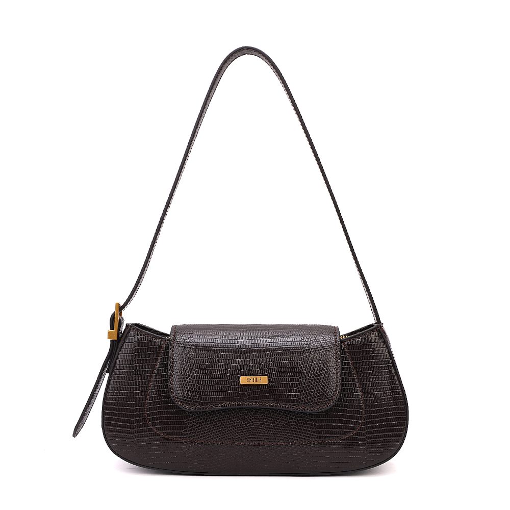 Bolsa Baguete Pequena Lizard Marrom Dark Alça de Ombro