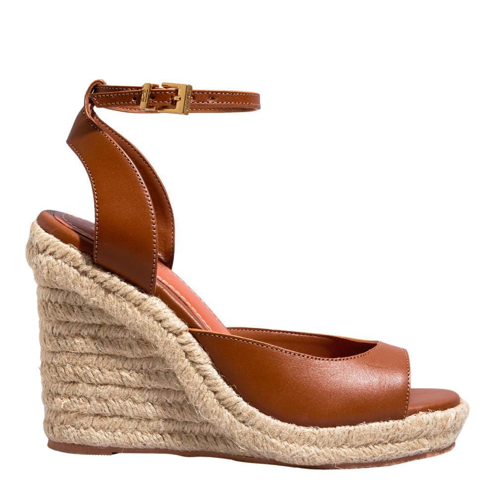 Espadrille Couro Confort Salto Anabela Marrom Safari