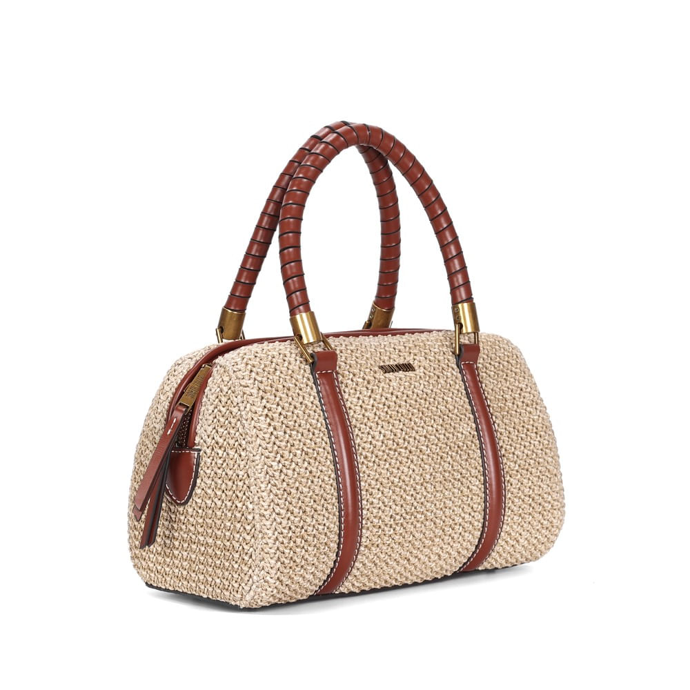 Bolsa Baú Média Palha Tramado Marrom E Bege