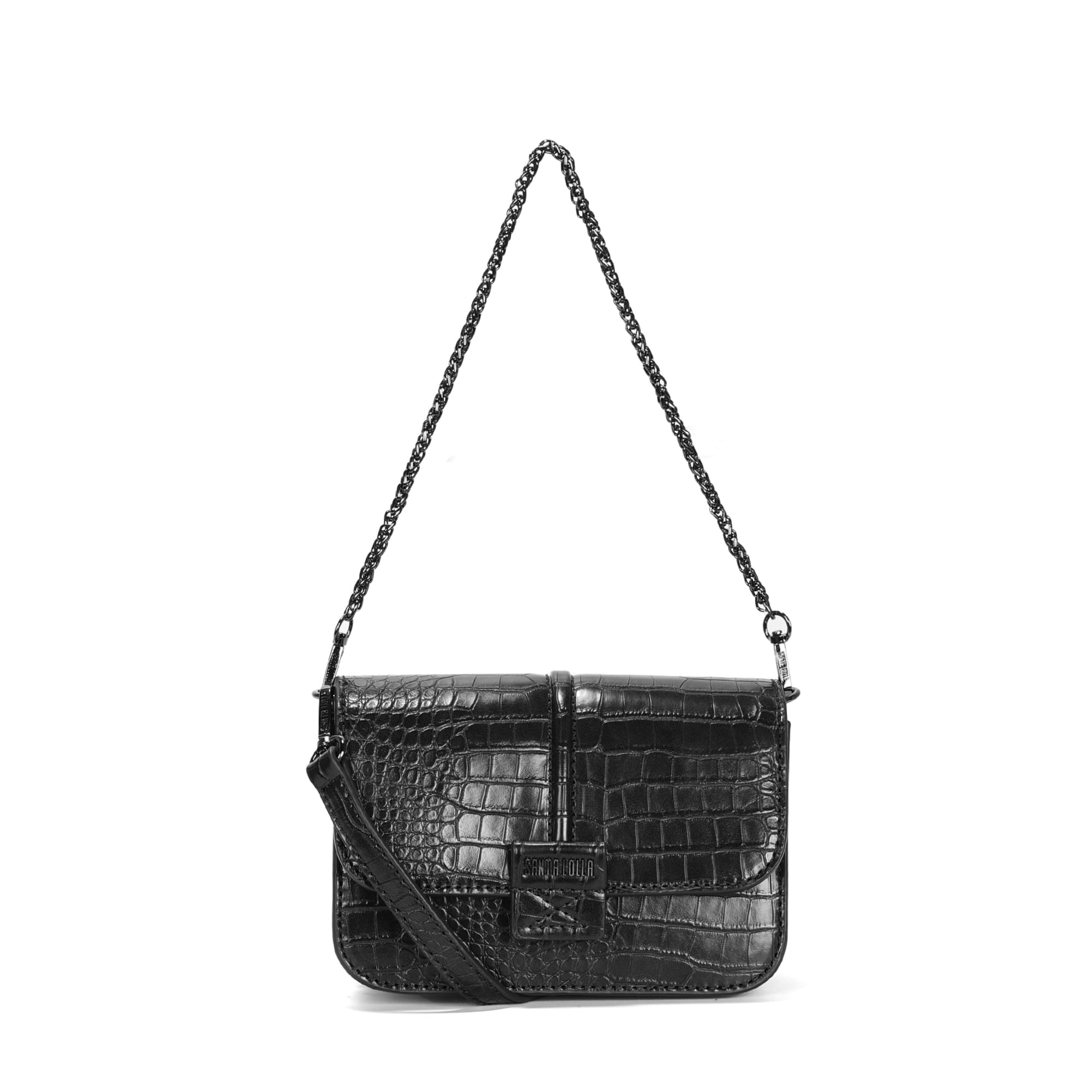 Bolsa Baguete Pequena Croco Preto Alça Corrente