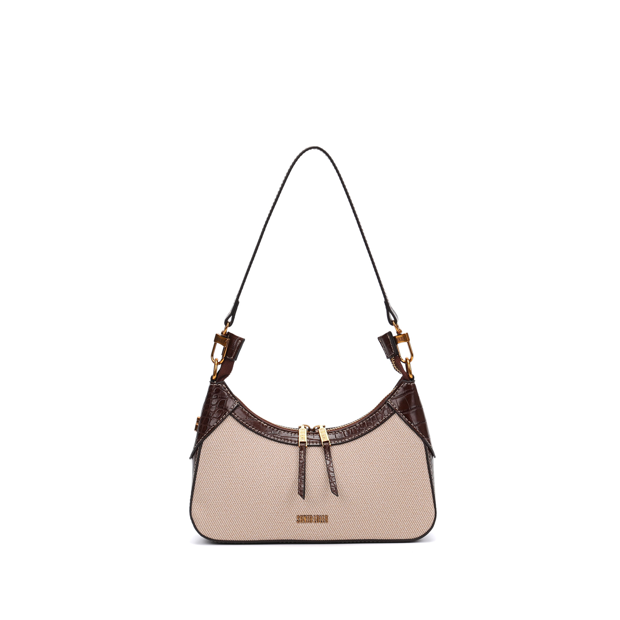 Bolsa De Ombro Pequena Canvas Bege Recortes Croco
