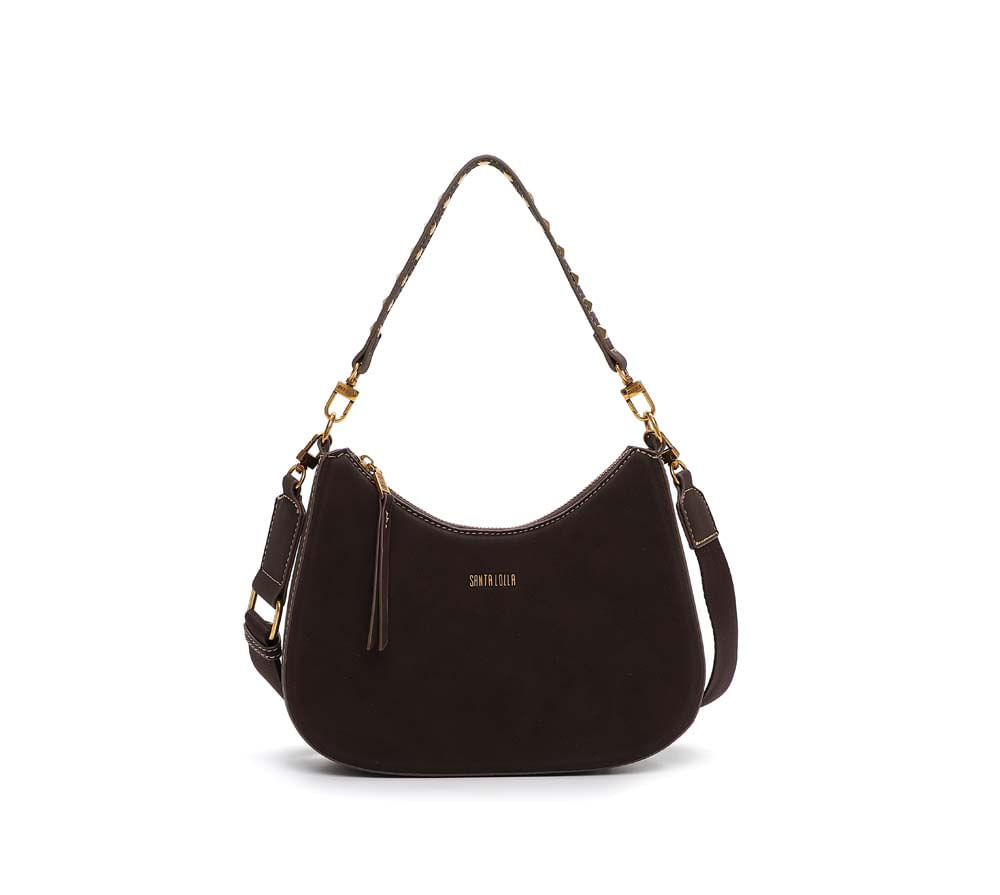 Bolsa Baguete Média Nobuck Marrom Alça Spikes