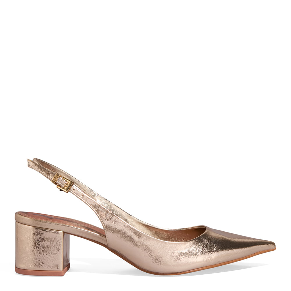 Scarpin Slingback Metalizado Salto Bloco Bico Fino Dourado