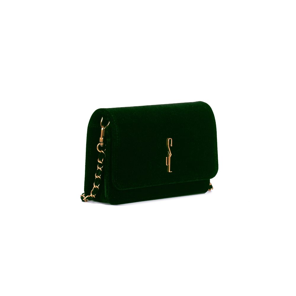 Bolsa Pequena Veludo Verde Turmalina Alça Corrente