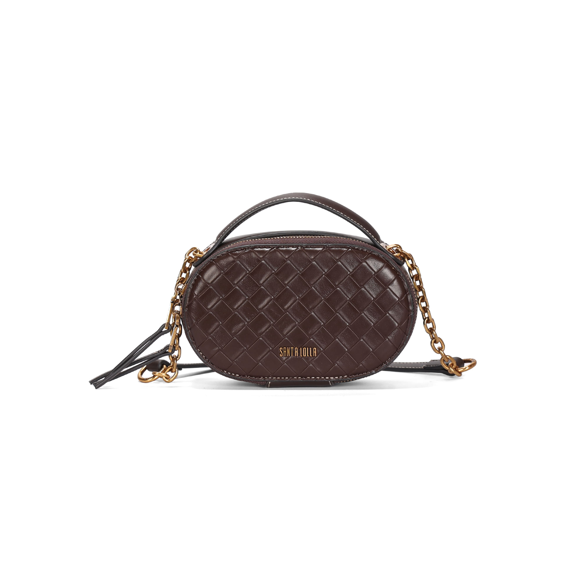 Bolsa Pequena Tressê Marrom Dark Pespontos Alça Corrente