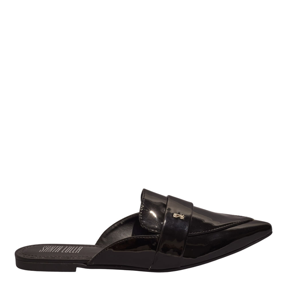 Mocassim Mule Verniz Preto Bico Fino