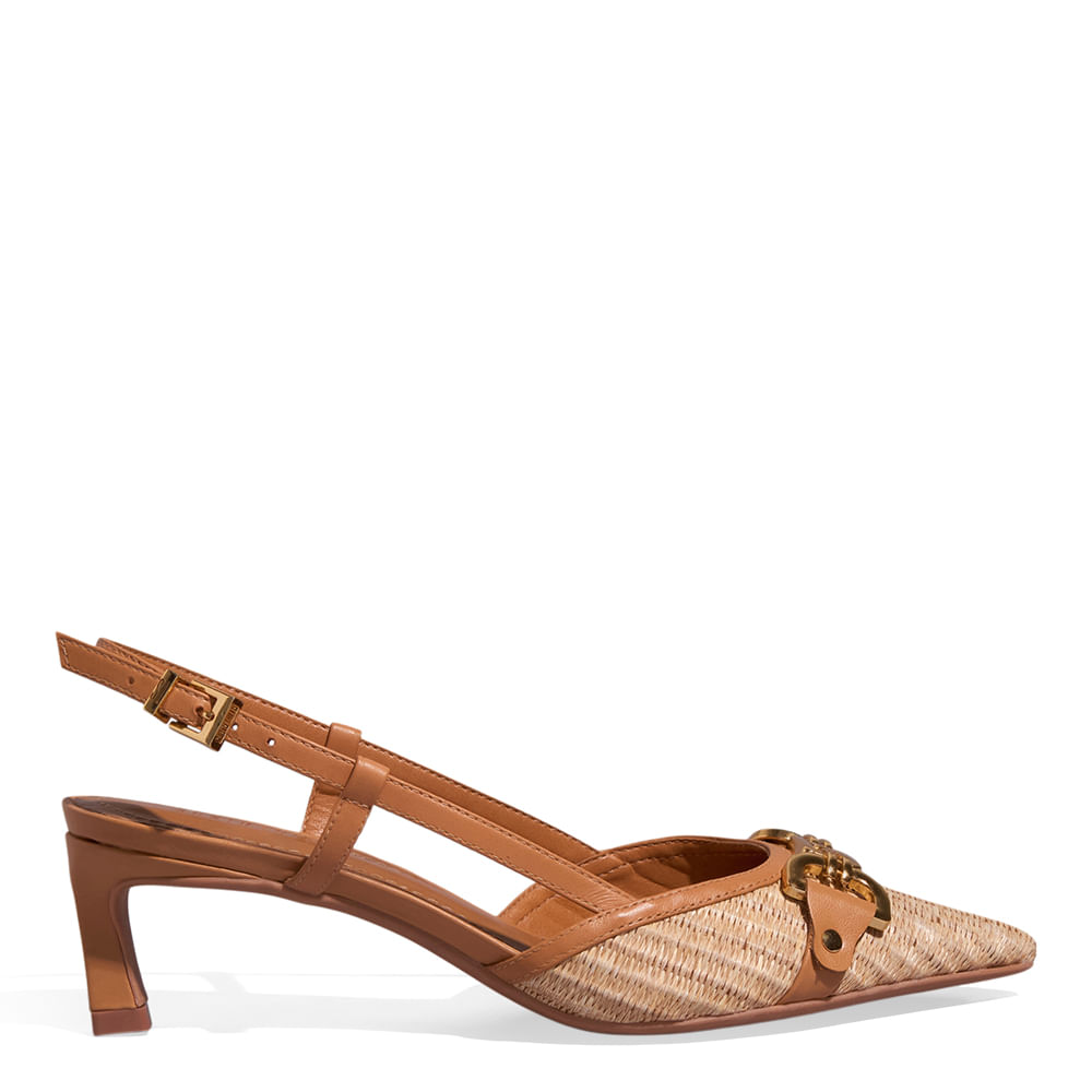 Scarpin Slingback Couro Nobre Soft Caramelo Salto Baixo
