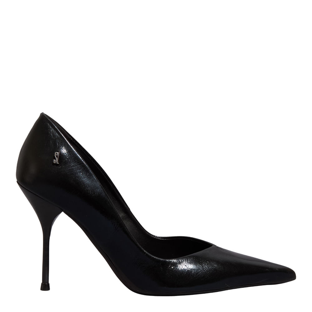 Scarpin Couro Metalizado Balla Salto Agulha Preto