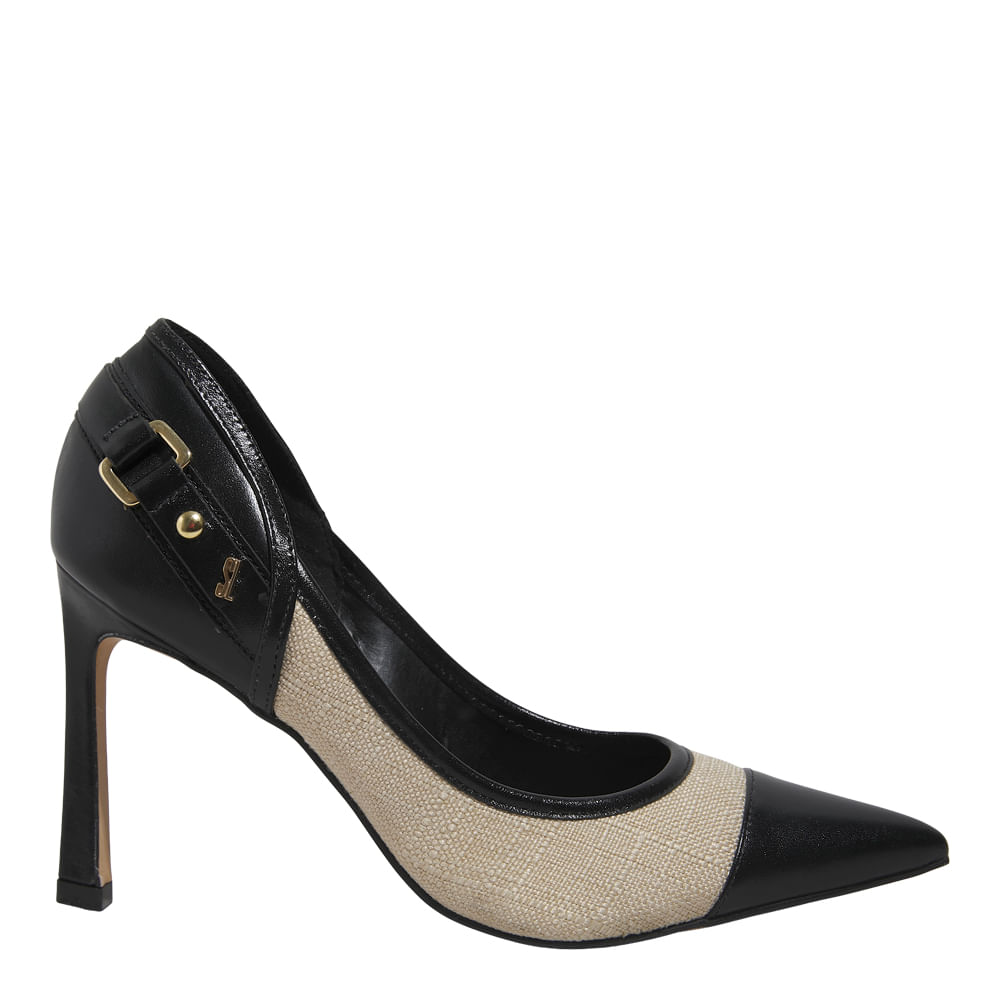 Scarpin Couro Bico Fino Preto Recortes Linho