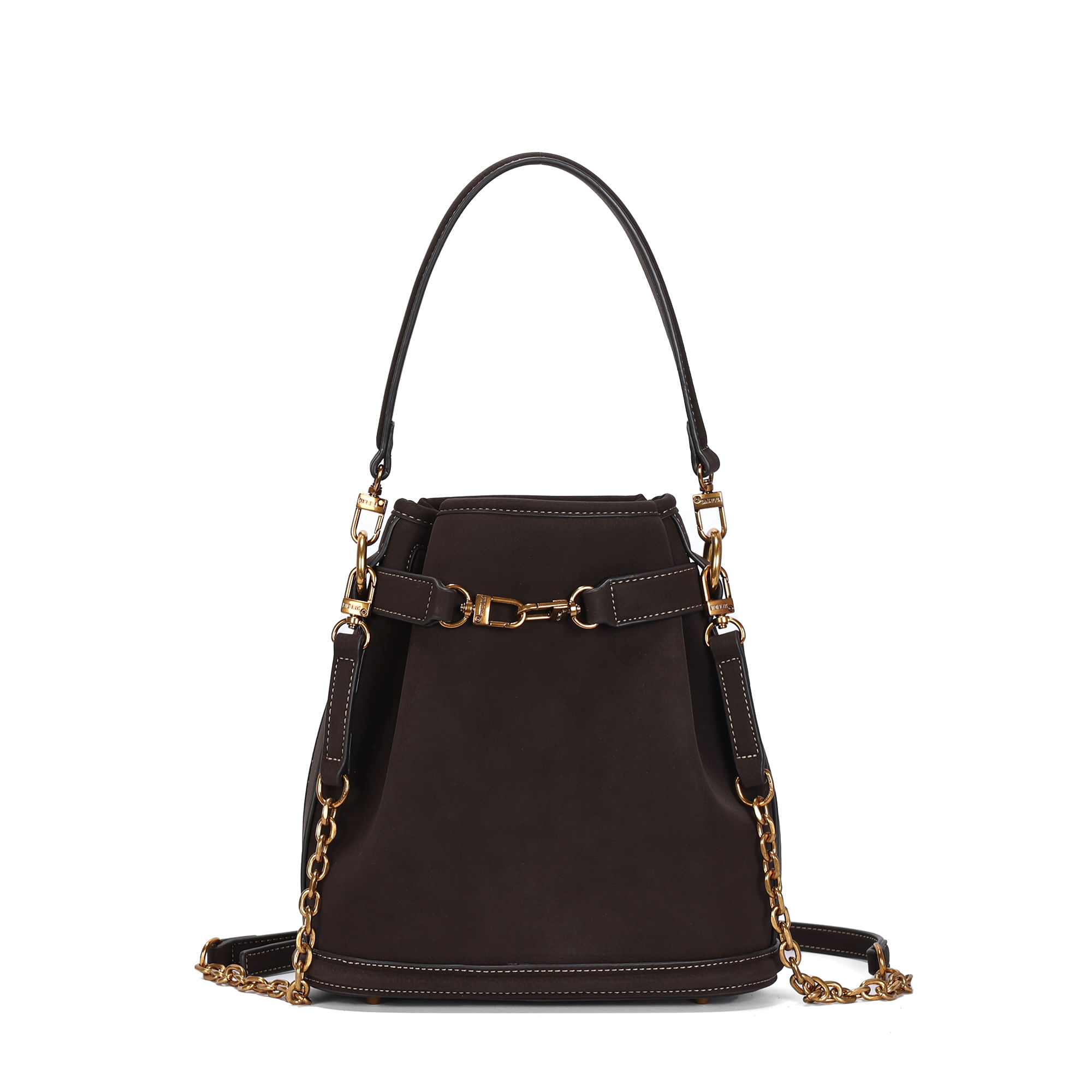 Bolsa Bucket Média Nubuck Marrom Dark Alça Corrente