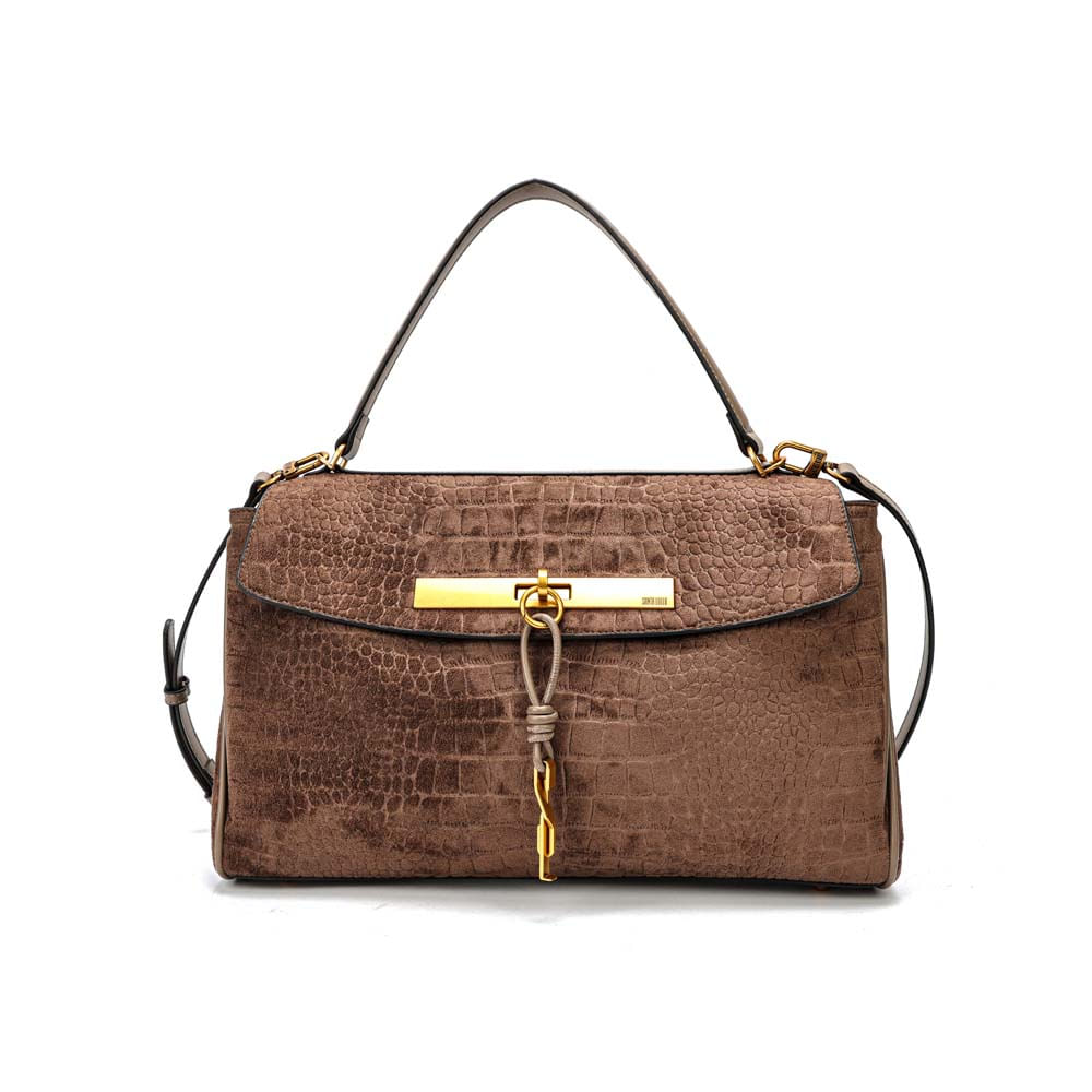 Bolsa Quadrada Croco Nobuck Bege Steel Alça Dupla