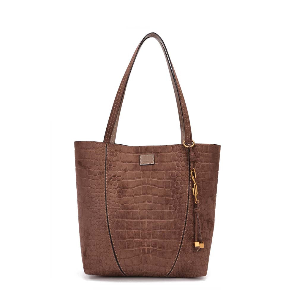 Bolsa Tote Média Croco Nobuck Bege Steel Alça Longa