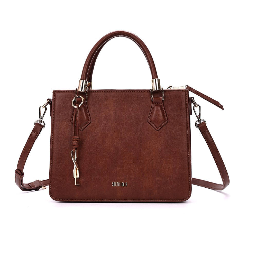 Bolsa Tote Média Estruturada Rústica Marrom Transversal