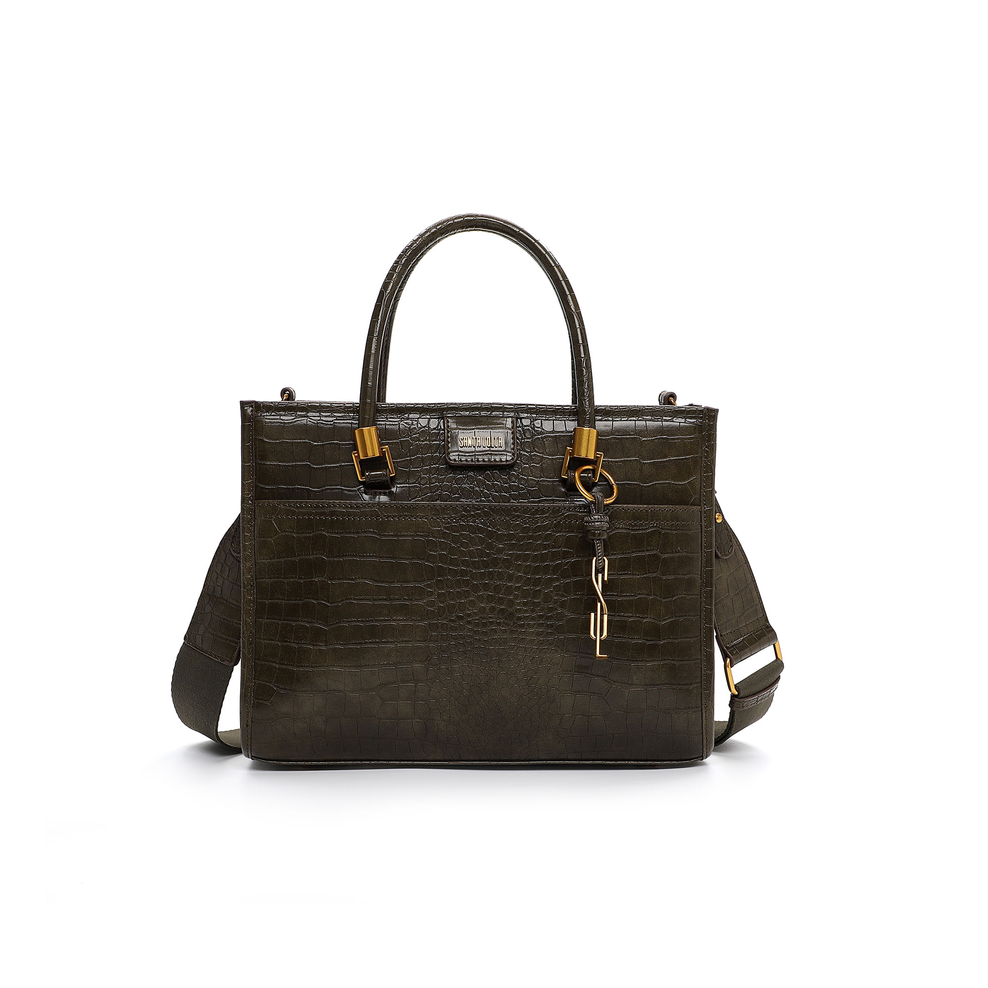 Bolsa Grande Quadrada Croco Verde Militar Transversal