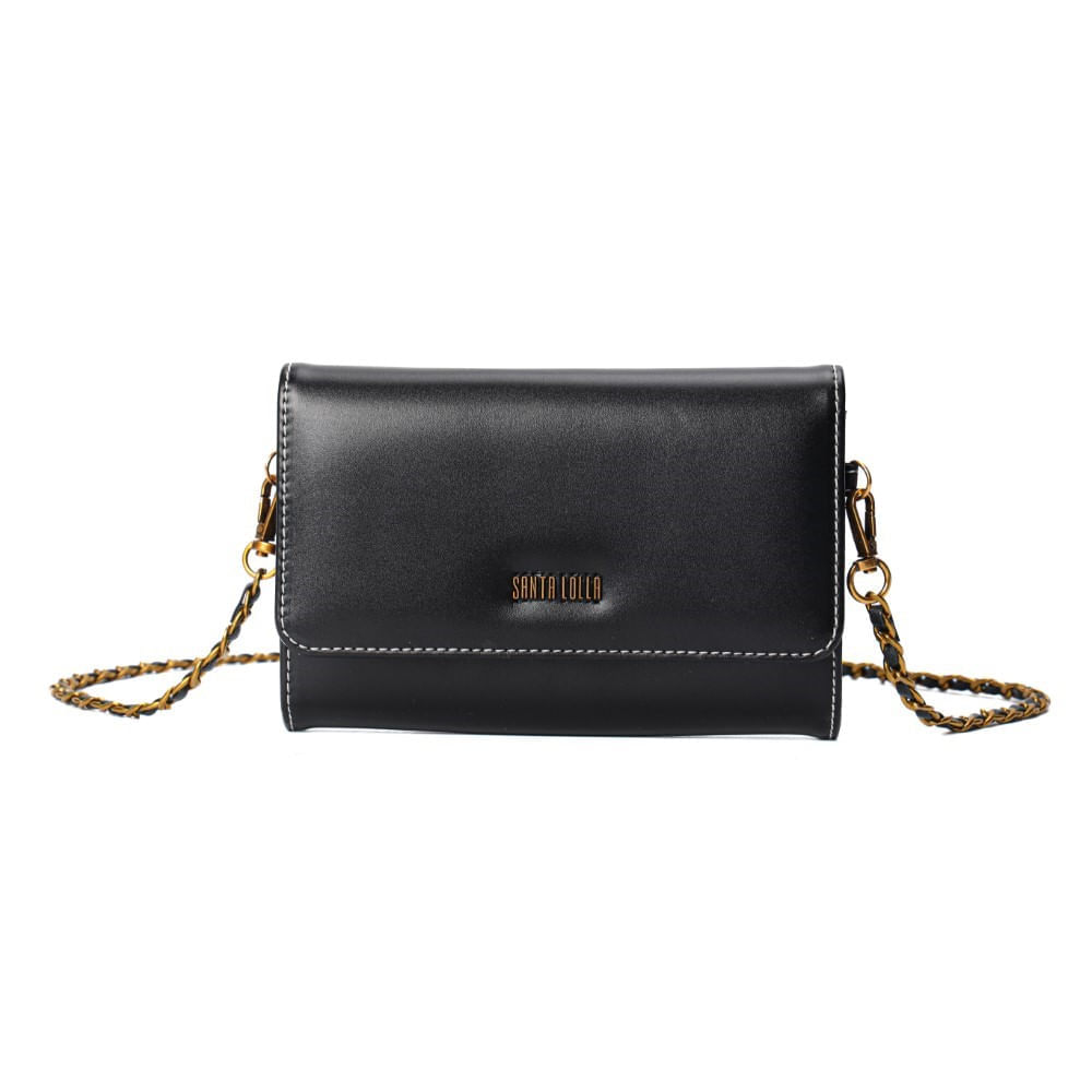 Bolsa Carteira Pequena Soft Preta Alça Transversal Corrente