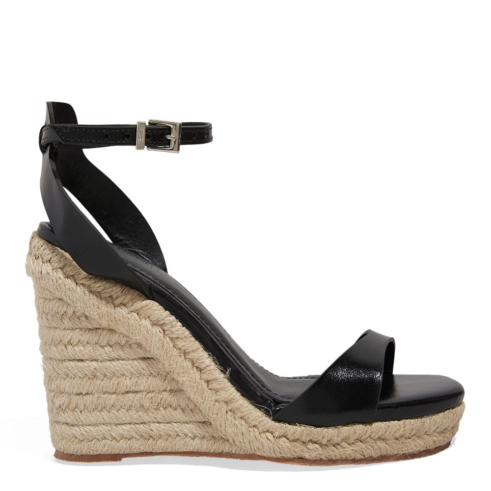 Sandália Espadrille Couro Preto Anabela