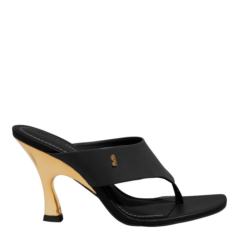 Mule Couro Nobre Soft Preto Salto Fino Dourado