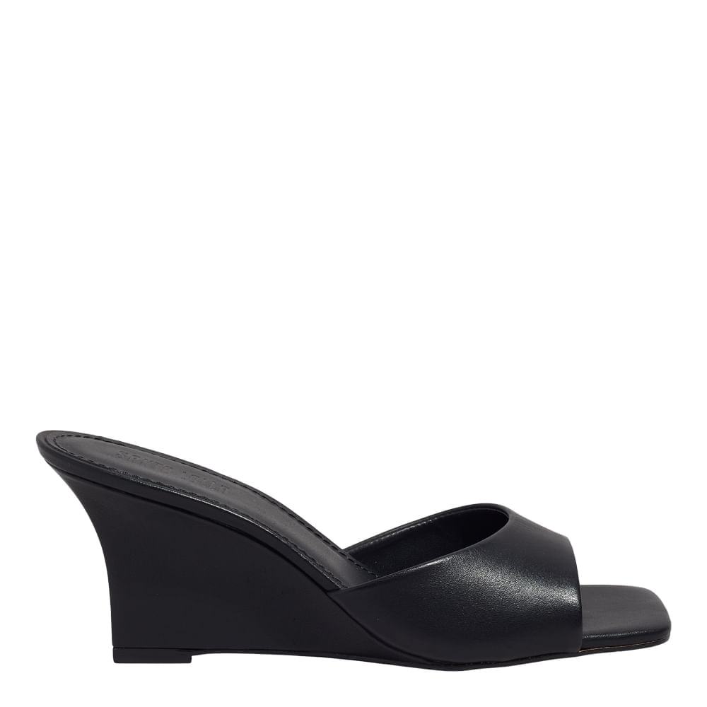 Mule Salto Anabela Couro Pelica Soft Preto Bico Quadrado