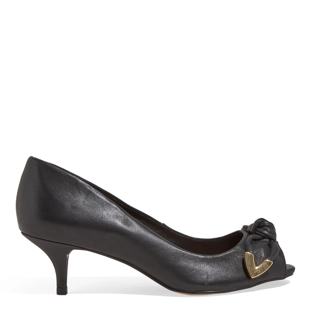 Peep Toe Couro Pelica Preto Laço