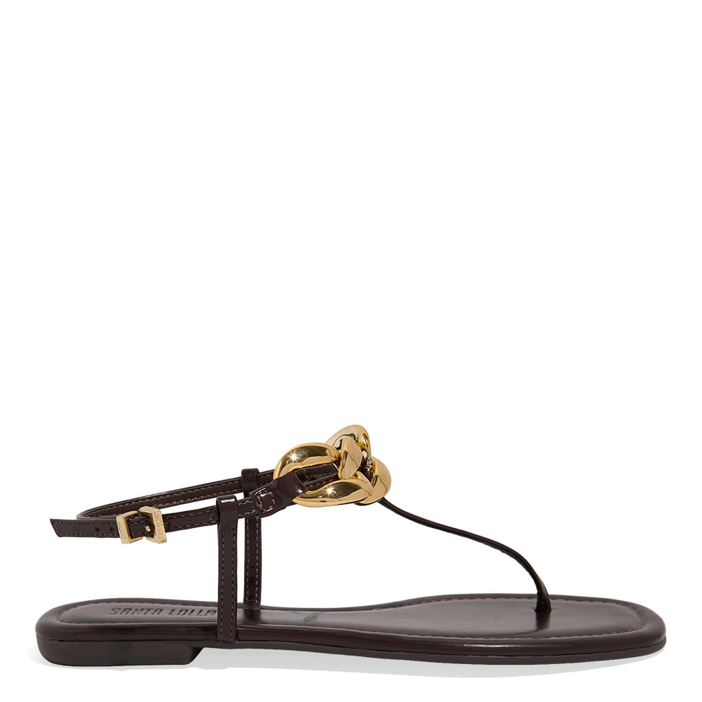 Rasteira Napa Pu Marrom Brownie Corrente Metal