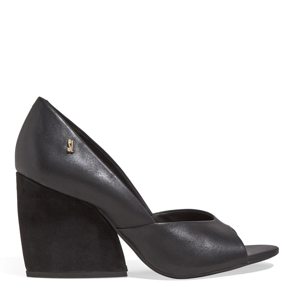 Peep Toe Couro Pelica Soft Salto Grosso Preto