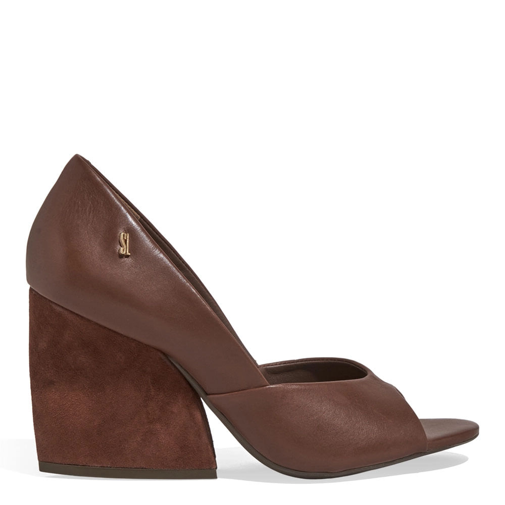 Peep Toe Couro Pelica Soft Salto Grosso Marrom Dark Cocoa