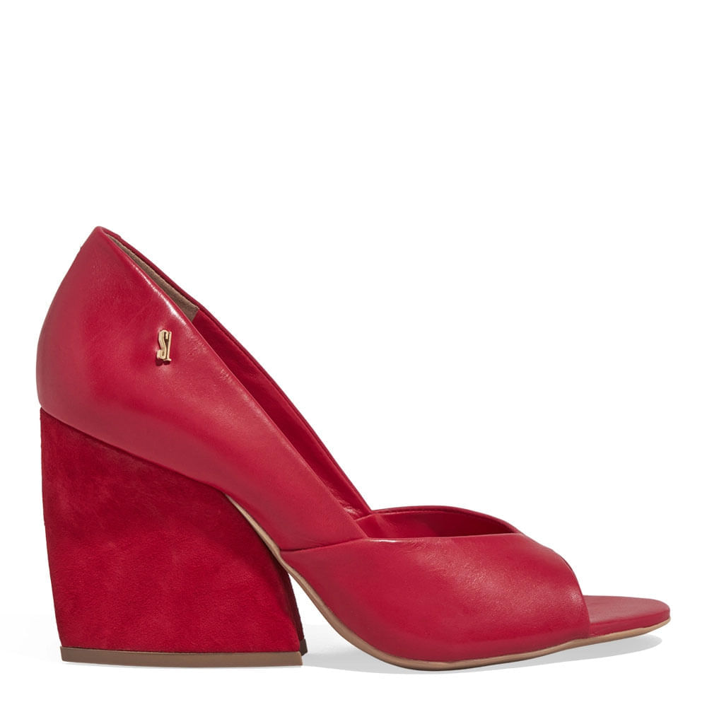 Peep Toe Couro Pelica Soft Salto Grosso Vermelho Blood