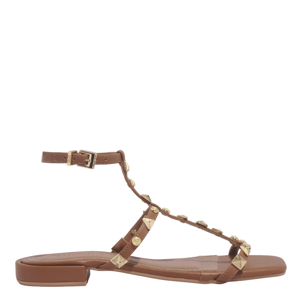 Rasteira Tachas Napa Soft Caramelo Bico Quadrado